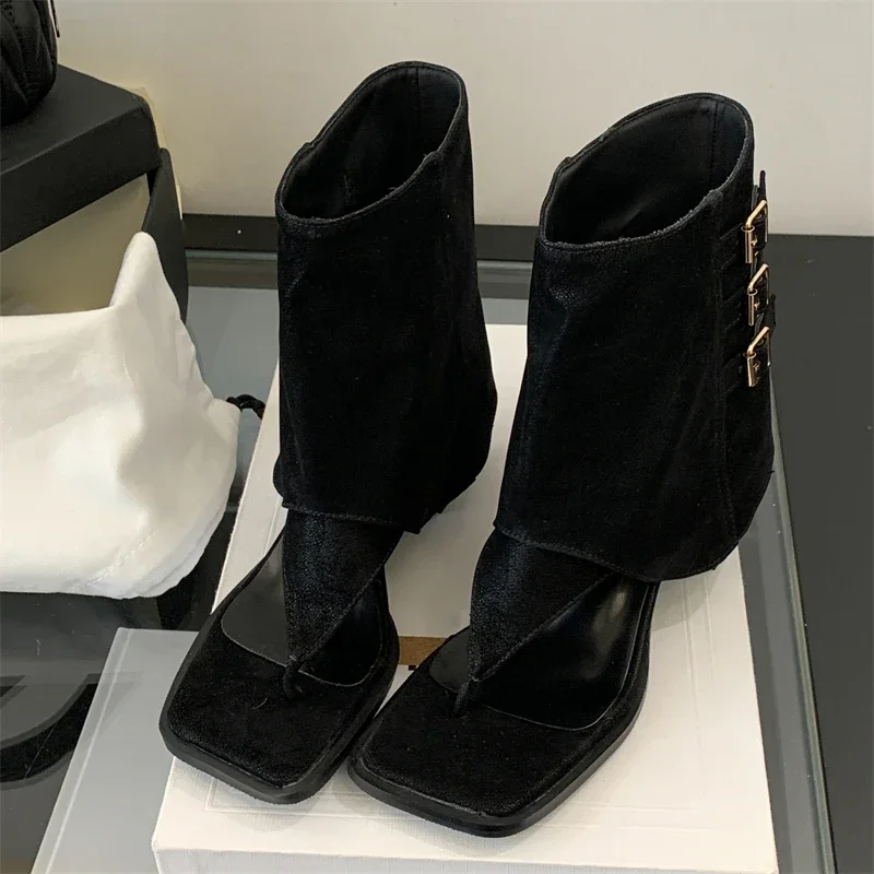 Eilyken Fashion Square Clip Toe Stiefeletten Sandalen Frauen Dicke Low Heels Schuhe Sommer Herbst Schnalle Kurze Booties