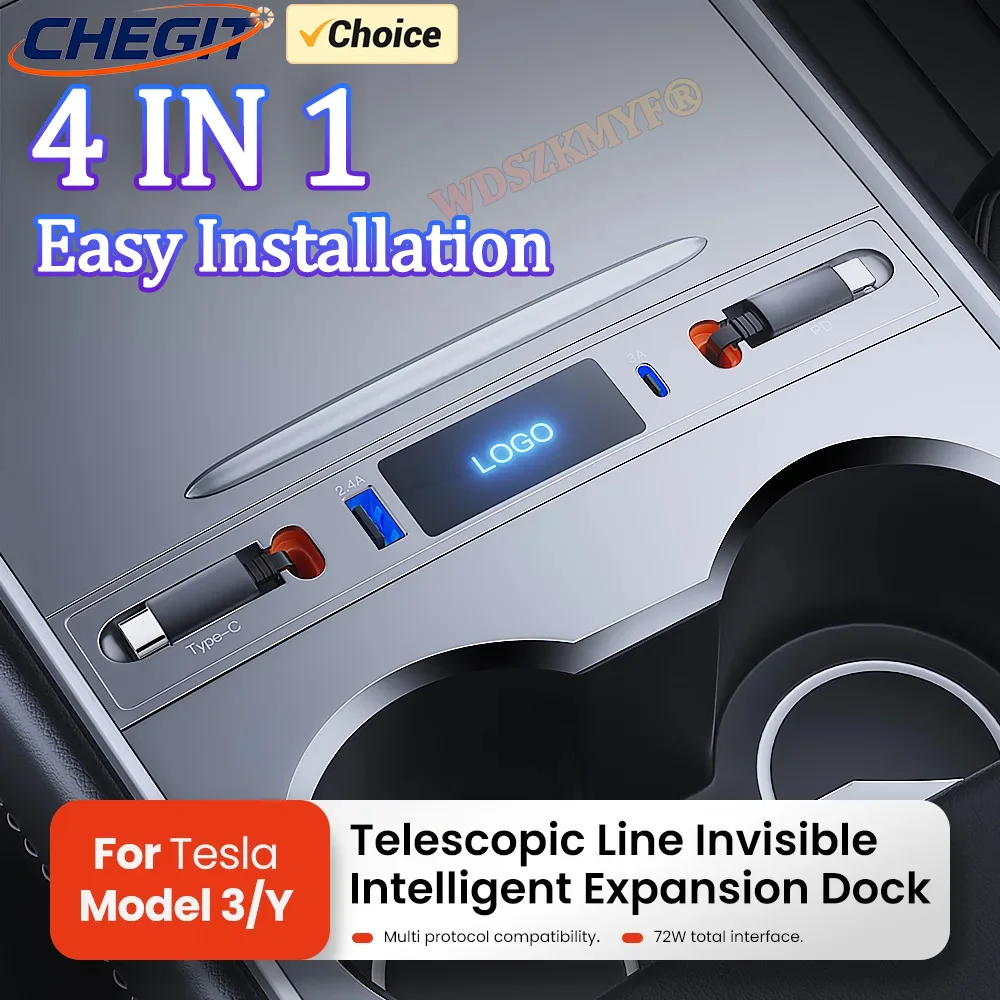 4-in-1 für Tesla Model 3 Model Y Auto-USB-Ladegerät Typ C 27 W PD Typ C QC 3.0 mit einziehbarem Kabel USB-Mittelkonsolen-Adapter Image