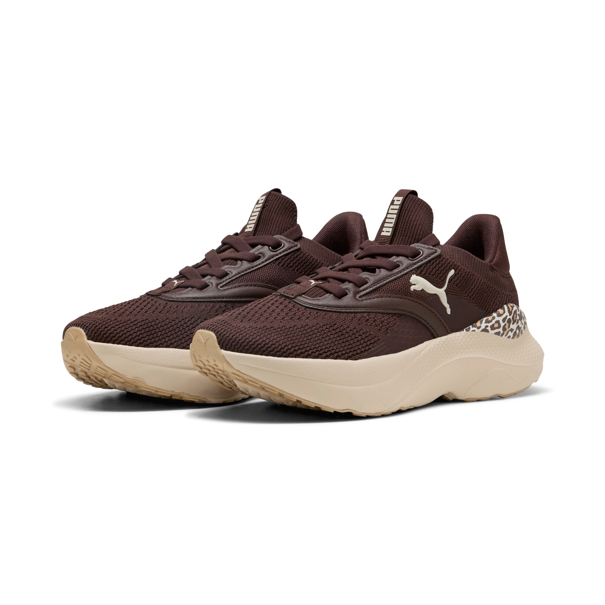 Fitnessschuh PUMA "SOFTRIDE MAYVE ANIMAL WNS", Damen, Gr. 39, chocolate braun, alpine snow, sand dune, Textil, Schuhe Fitnessschuh