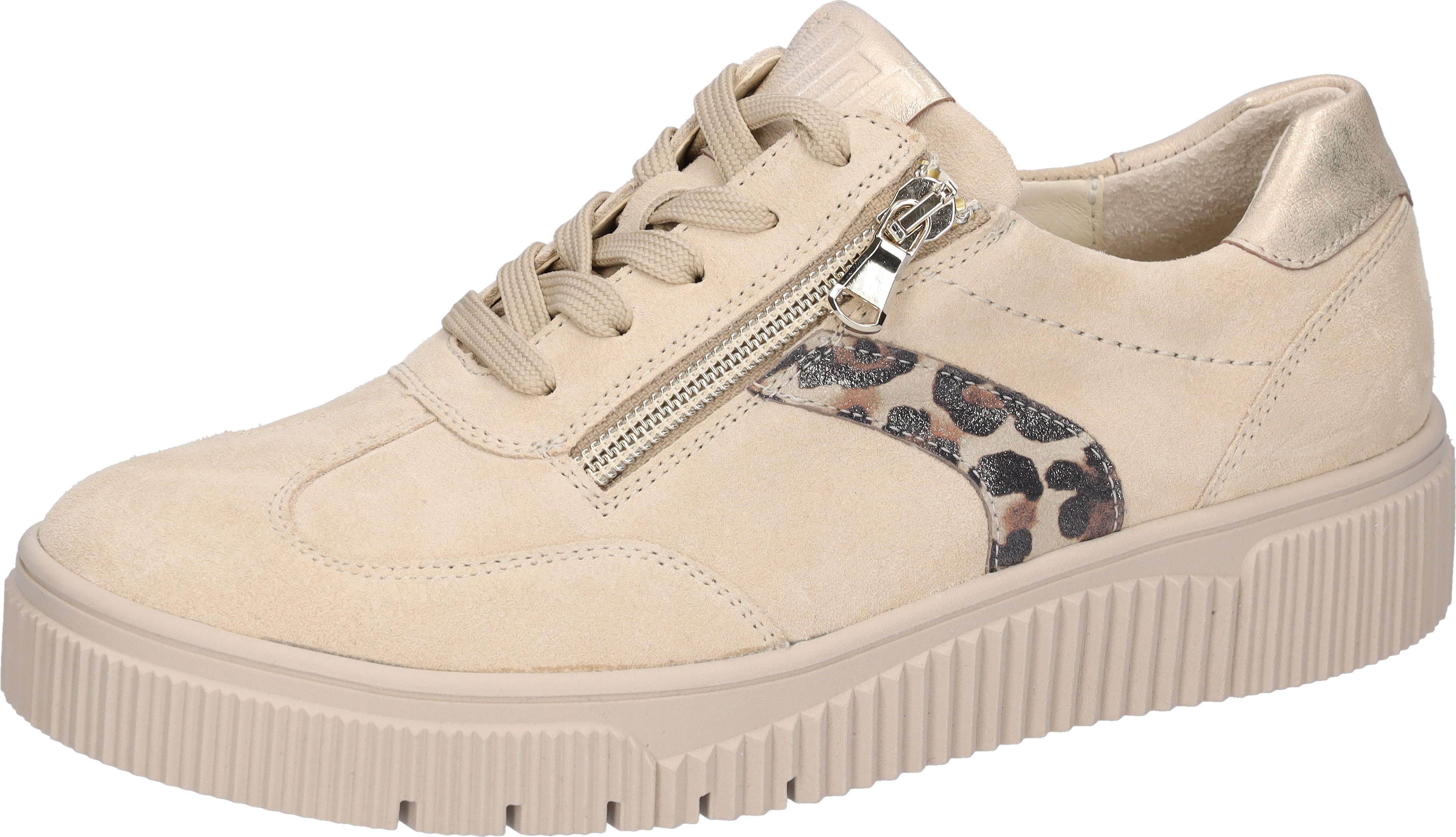 Plateausneaker WALDLÄUFER "K-SANSA", Damen, Gr. 5 (38), hellbeige, goldfarben, leo, Nappaleder, Nubukleder, Veloursleder, kontrastfarbene Details, metallic, Schuhe Plateausneaker, Schnürschuh, Halbschuh, Freizeitsneaker mit Leder-Fußbett, K-Weite