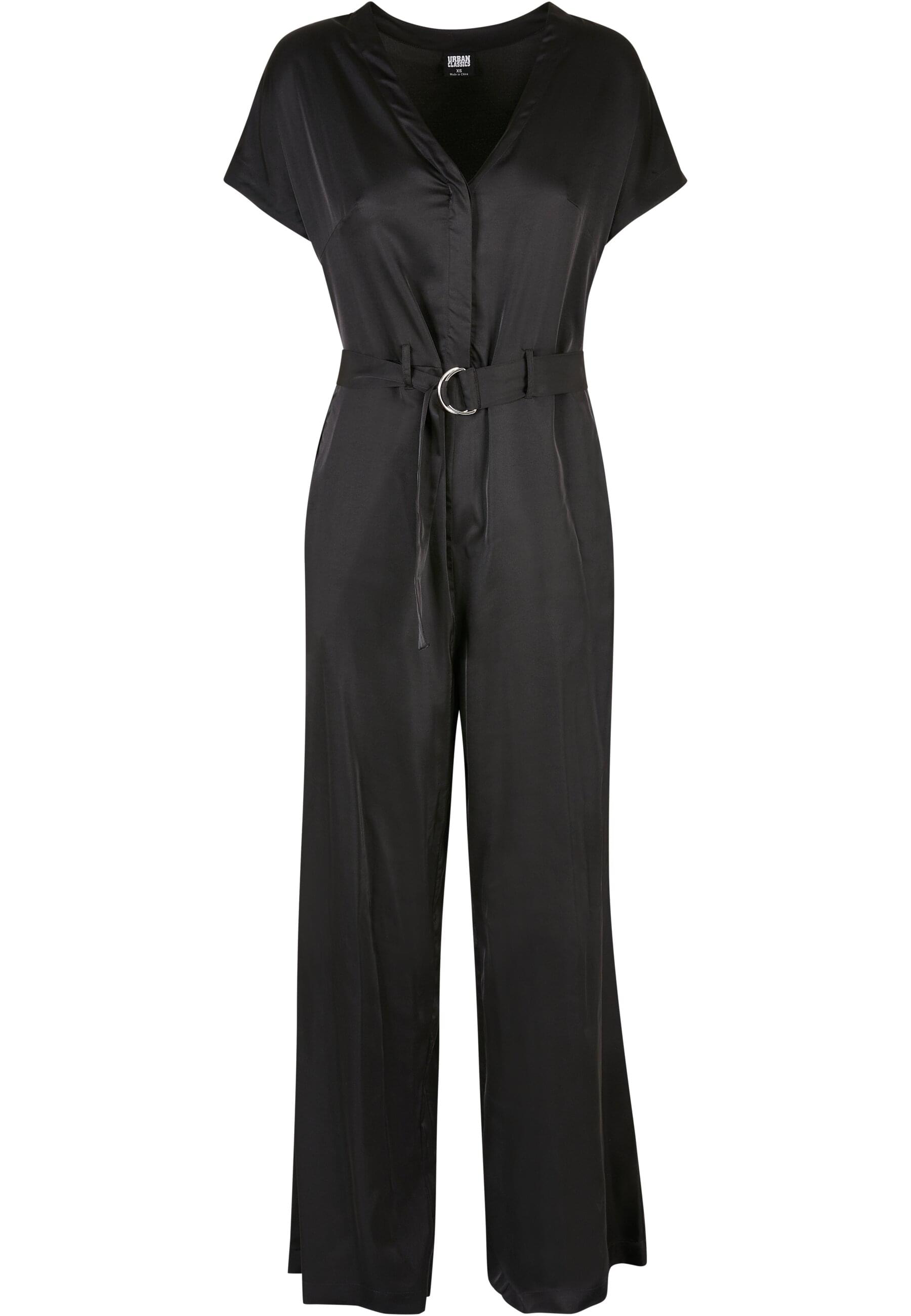 Jumpsuit URBAN CLASSICS "Urban Classics Damen Ladies Satin Wide Leg Belt Jumpsuit", Damen, Gr. XS, US-Größen, schwarz, 95% Polyester, 5% Elasthan, unifarben, loose fit, Overalls Jumpsuit
