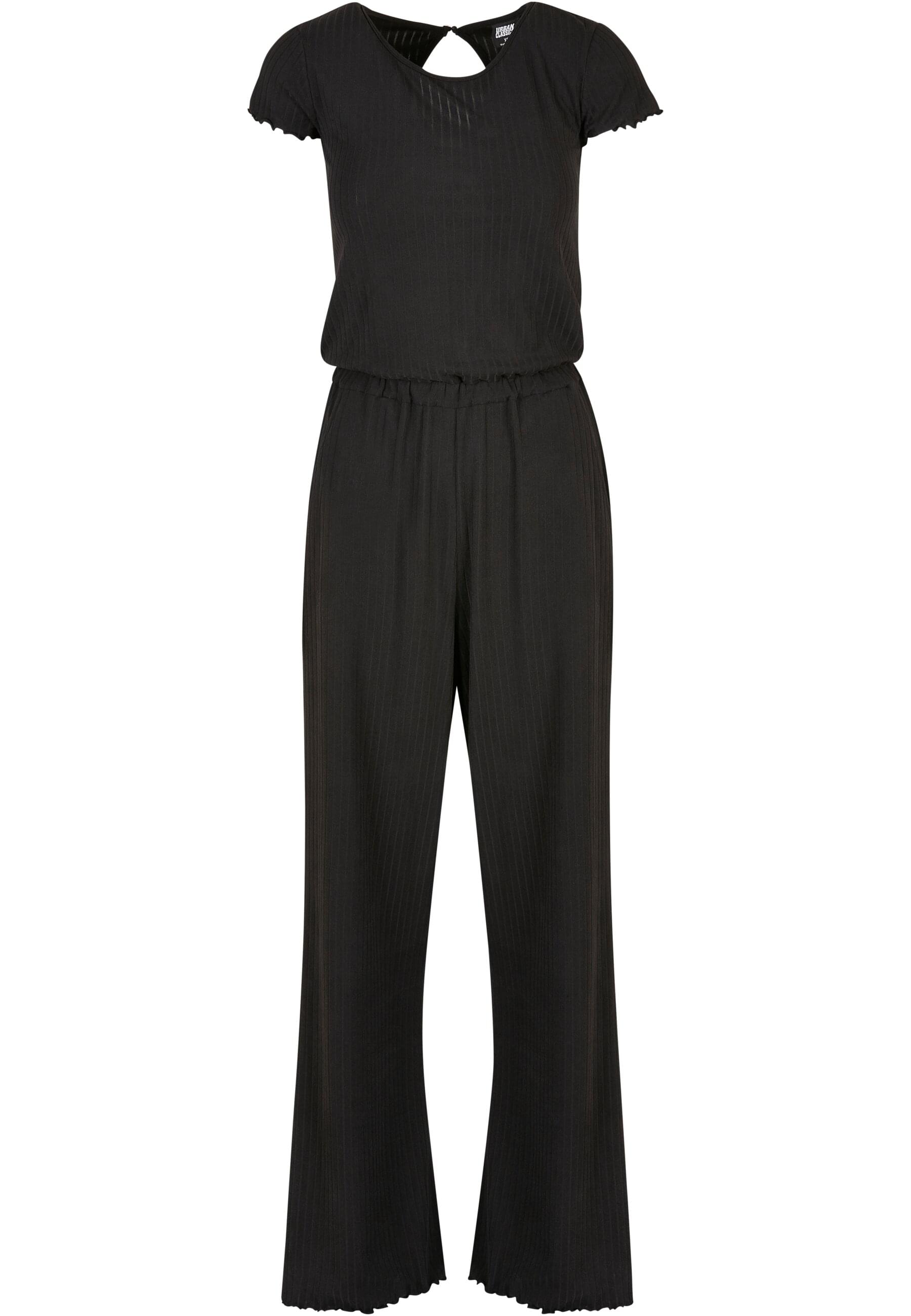 Jumpsuit URBAN CLASSICS "Urban Classics Damen Ladies Rib Wid Leg Jumpsuit", Damen, Gr. L, US-Größen, schwarz, 95% Polyester, 5% Elasthan, unifarben, loose fit, Rundhals, Overalls Jumpsuit