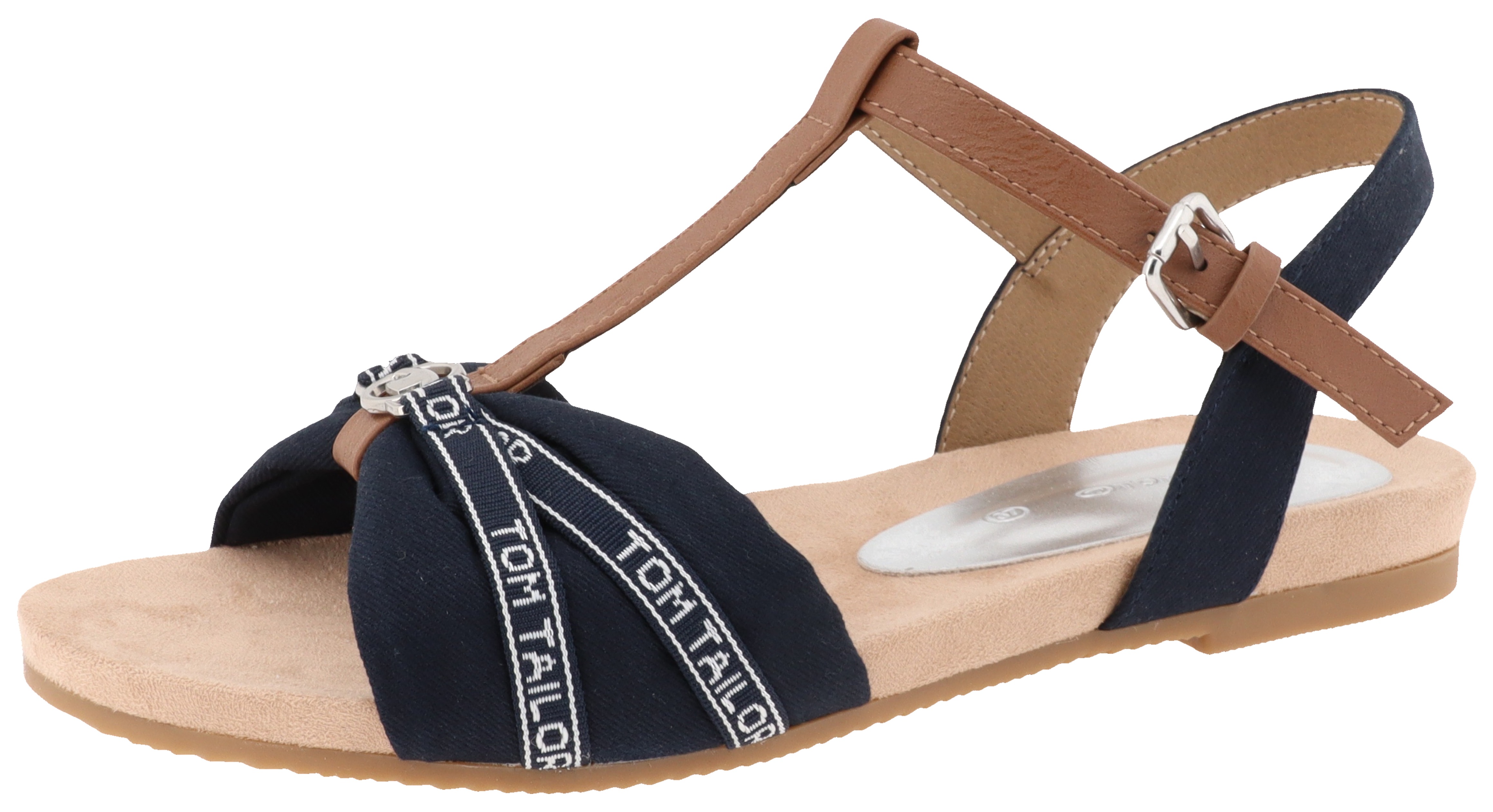 Sandalette TOM TAILOR, Damen, Gr. 42, blau (navy), Lederimitat, Textil, Schuhe Sandalette, Sommerschuh, Sandale, Blockabsatz, mit verstellbarer Schnalle