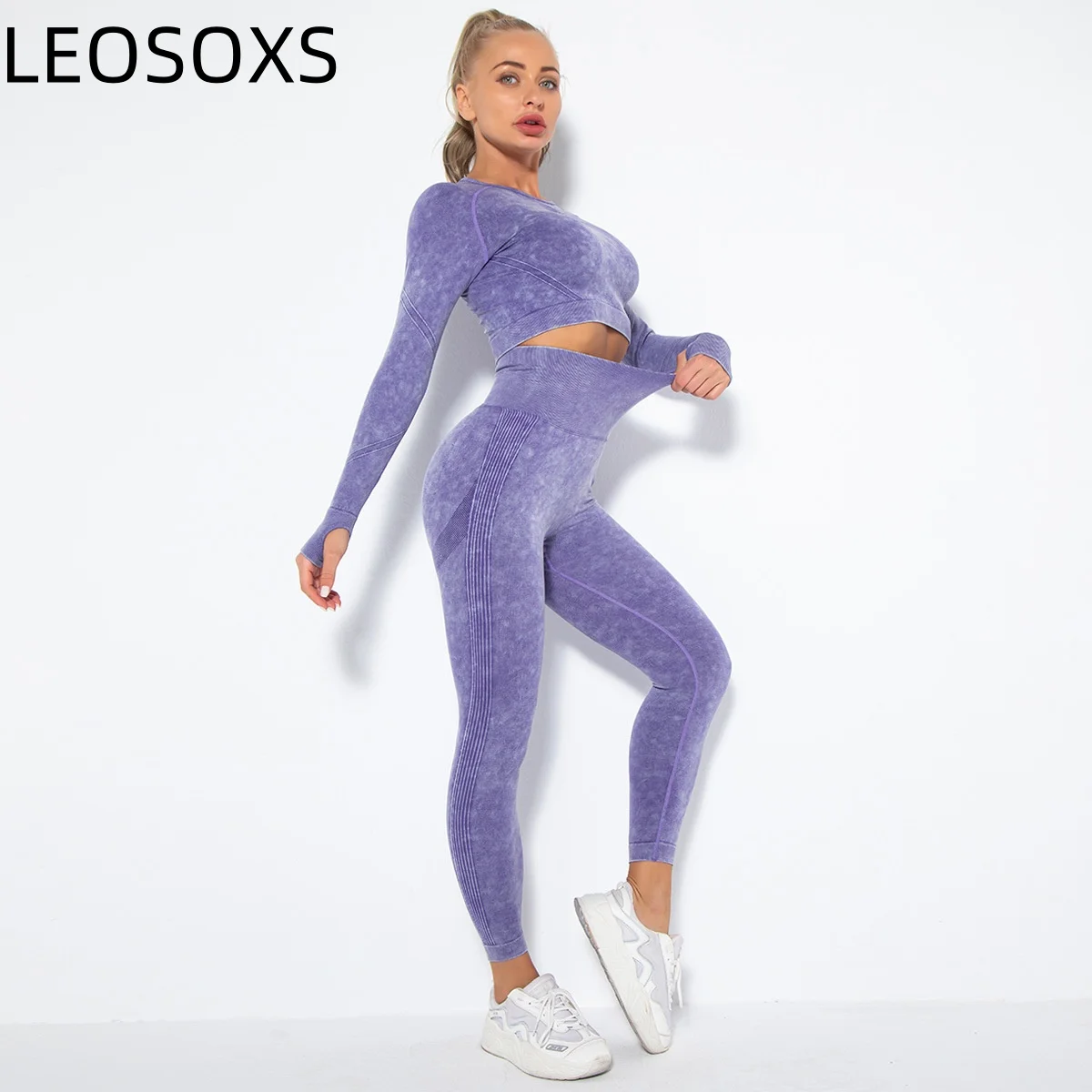 LEOSOXS Hip Lifting Sport-Set für Damen, schnell trocknend, langärmelig, Sport-Crop-Top, hohe Taille, Leggings, Yoga-Set, nahtloses Workout-Set