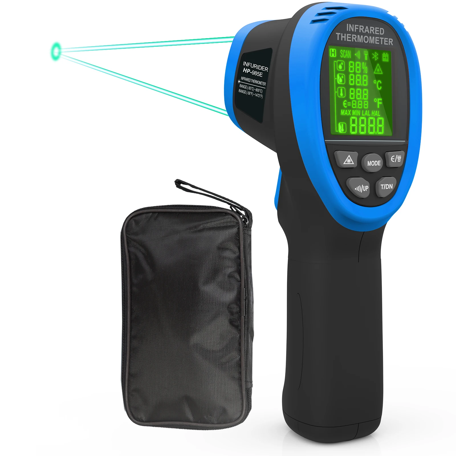 HOLDPEAK HP-985E -50-800 Berührungsloses Doppellaser-Infrarot-Thermometer DS 16:1 mit Datenspeicherung, Maks/Min. Warnungseinstellung, LCD Image