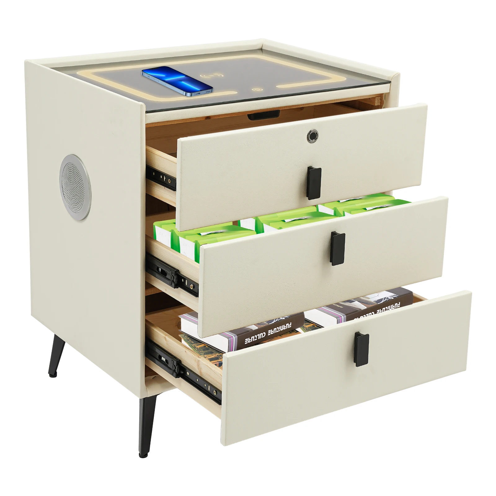 Comodino Intelligente con Serratura a Impronta Digitale, Ricarica Wireless, Altoparlante Bluetooth, Luce a 3 Colori, 3 Cassetti, Tavolino da Notte in Legno Massello