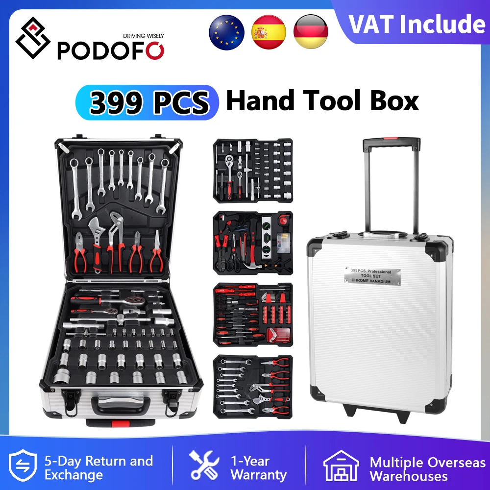 Podofo 399 pièces chariot à outils 4 couches ensemble d'outils avec chariot et roues clés à boîtier douille outils à main Auto maison Kit de réparation quotidienne outil
