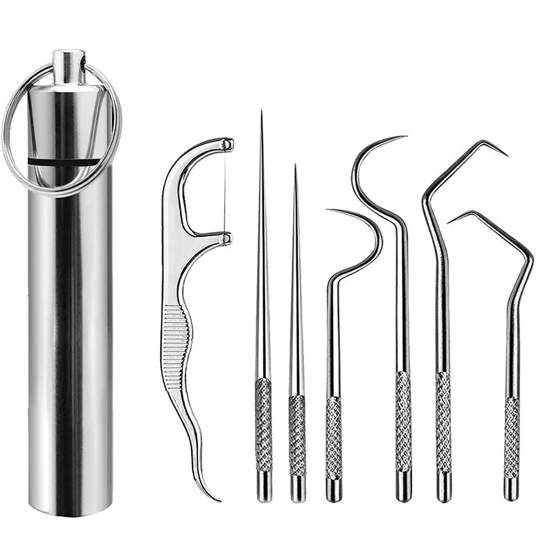 Edelstahl-Zahnstocherset Zahnreinigung Wiederverwendbare Zahnstocher Tragbarer Zahnstocher mit Zahnseide Zahnreiniger Mundpflege Image