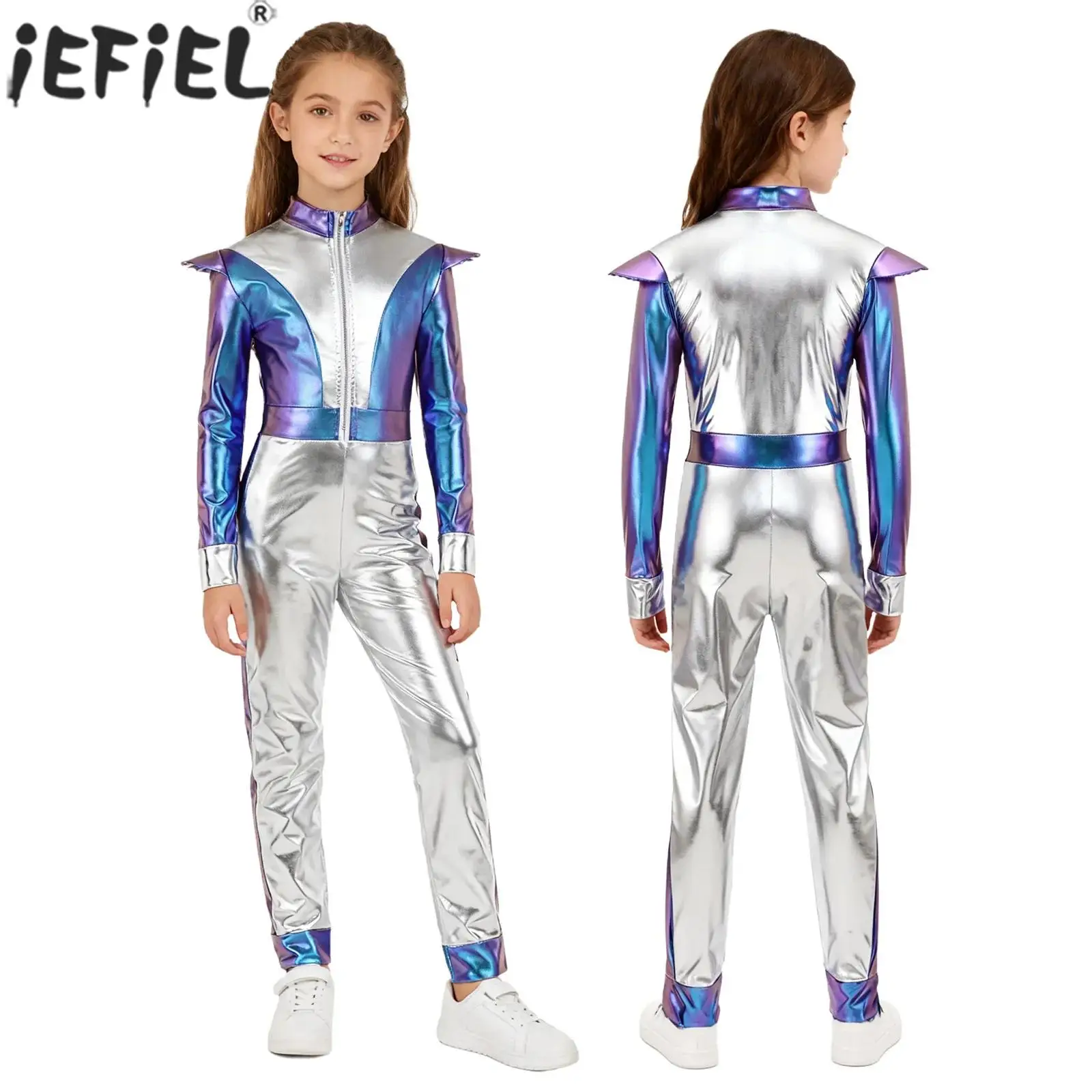 Kinder Halloween Space Alien Cosplay Kostüm Langarm Metallic Shiny Overall für Roboter Astronaut Galaxy Warrior Dress Up Image