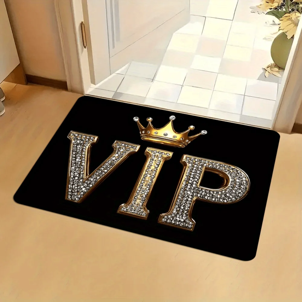 VIKAMA Luxus-Teppichmatte im VIP-Design – rutschfest, saugfähig, maschinenwaschbar, goldenes Kronen-Diamantmuster, Heimdekoration Image