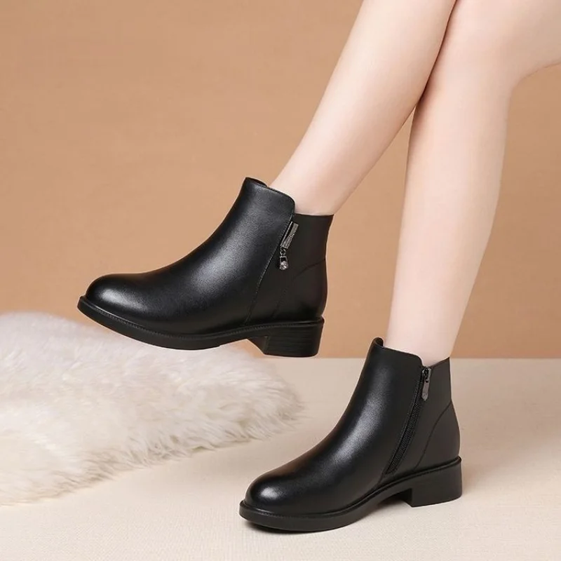 Damen-Stiefeletten mit seitlichem Reißverschluss, Frühlings- und Herbstmode, mittelhoher Absatz, schwarz, mit klobigem Absatz, elegante Damenschuhe