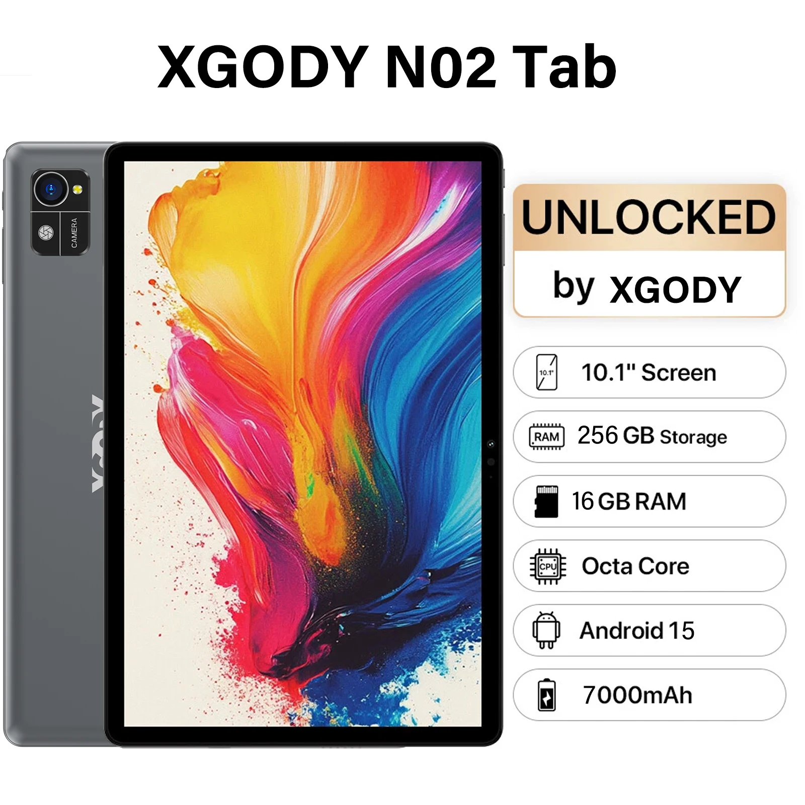 XGODY N02 Pro 10,1 Zoll Tablet Android 15 800x1200 Cortex 8-Kern-CPU Max 16GB RAM 256GB ROM 5G WLAN Typ C 7000mAh Widevine L1 Image