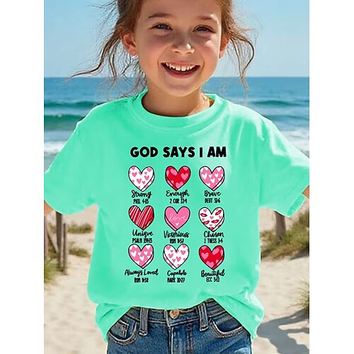 Valentinstag Mädchen 3D Herz Grafik T-Shirt Kurzarm 3D-Druck Sommer Frühling Sport Mode Streetwear Kinder 4-12 Jahre Rundhalsausschnitt Lässig Täglich Outdoor Normale Passform Image