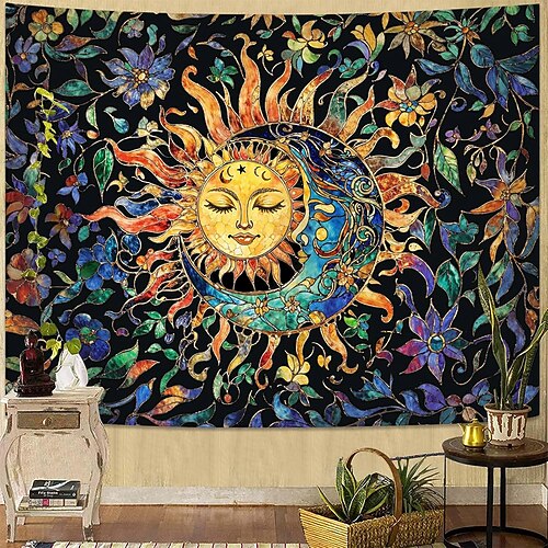 Wandteppich mit Sonne und Mond, himmlischem Blumenmuster (Sonnenblumen, Rosen), Boho- und Hippie-Stil, für Schlafzimmer, Wohnzimmer, Yoga- und Meditationsraum Image