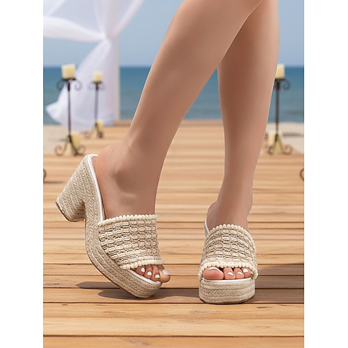 Elfenbeinfarbene Espadrille-Sandalen mit Plateauabsatz für Damen, geflochtene Keilsandalen für den Sommer, ideal für Strandhochzeitsgäste Resorturlaub Image