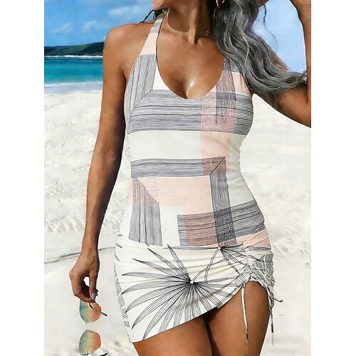 Damen Badeanzug Tankini Zweiteilig Rock Bademode Kordelzug Halter Elegant Urlaub Farbblock Geometrisch Rundausschnitt Ärmellos Badeanzüge Image