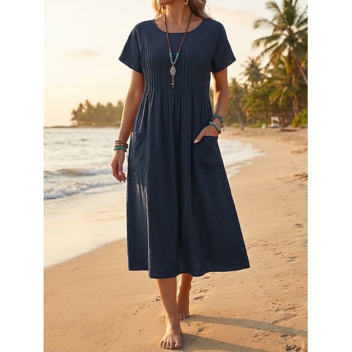 Damen Midikleid 100% Baumwolle Shiftkleid T-Shirt-Kleid Mode Modern Täglich Outdoor Ferien Lässiger Schnitt Einfach Kurzarm Rundhalsausschnitt Armeegrün Rote Marineblau Sommer Frühling Image