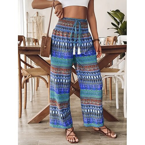 Damen Weite Hosenbeine Chinos Urlaub Streetwear Lässig Volle Länge Mittlere Taillenlinie Blumen Kordelzug Drucken Bequem Dehnbar Täglich Outdoor Urlaub Blau Violett Rosa Grün Sommer Frühling Herbst Image