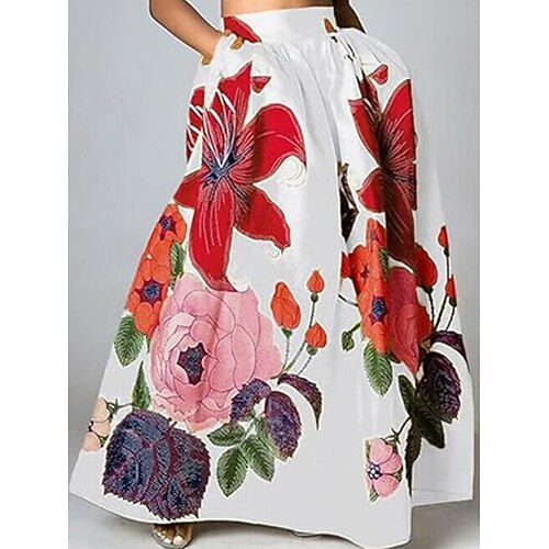 Damen Bohemien Mode Lässig Maxi Hohe Taille Röcke Blumen Blumenmuster Plissiert Blumen Druck Unelastisch Mikroelastisch Täglich Ferien Schwarz Weiß Gelb Rote Sommer Polyester Image