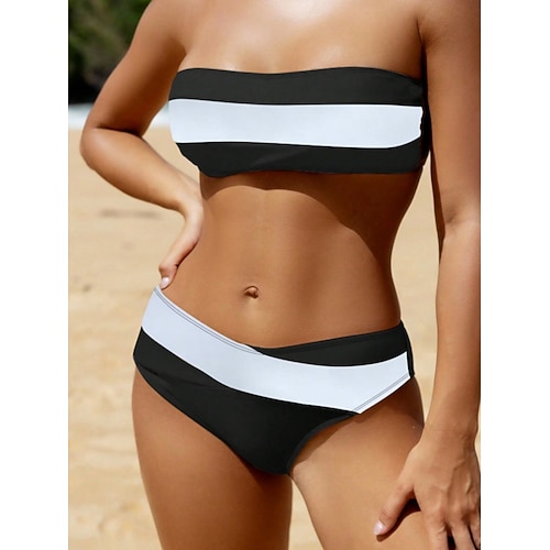 Damen Badeanzug Bikini Zweiteilig Freche Unterhose Bademode Schlank Rückenfrei Urlaub Strandbekleidung Gestreift Trägerlos Ärmellos Badeanzüge Image