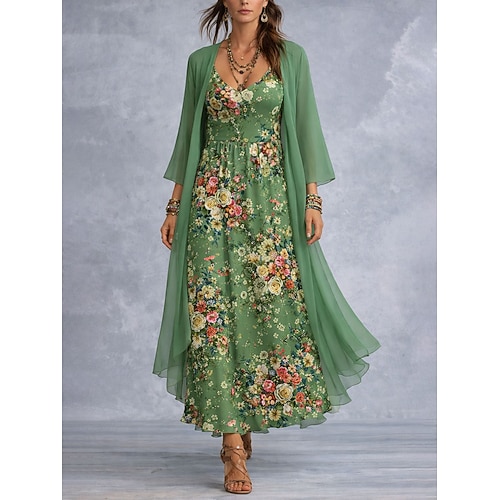 Damen Kleid-Set A Linie Kleid Urlaub Boho Grafik Paisley-Muster Geschichtet Druck Maxikleid Dreiviertelarm V Ausschnitt Täglich Urlaub Rote Orange Grün Sommer Frühling Normale Passform Image