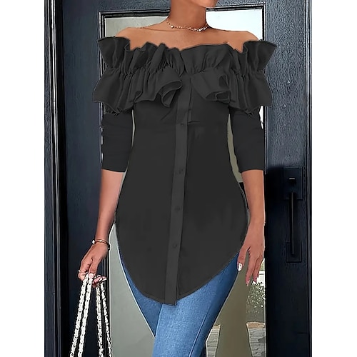 Damen Bluse Rüsche Einfarbig Elegant Täglich Stilvoll Langarm Schulterfrei Normale Oberteile Täglich Ausgehen Blau Schwarz Rote Sommer Frühling Herbst Image