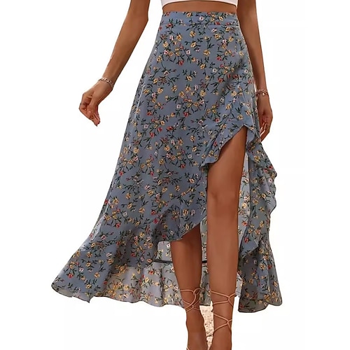 Damen Mode Sexy Lässig Knielang Hohe Taille Röcke Blumenmuster Druck Gespleißte Enden Unelastisch Täglich Urlaub Blau Schwarz Gelb Sommer Polyester Image