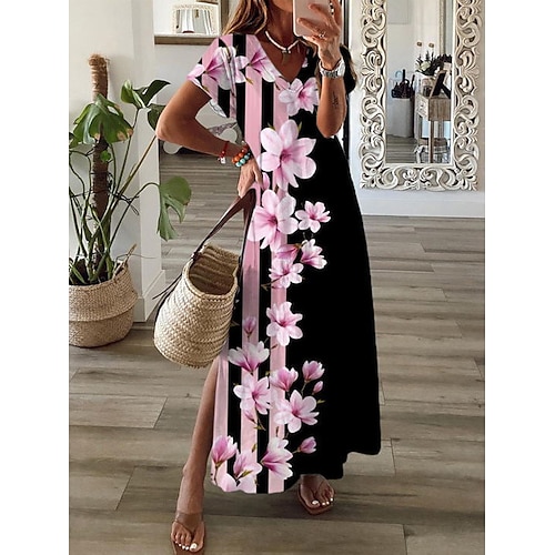 Damen Maxikleid T-Shirt-Kleid Sommerkleid A Linie Kleid Urlaub Lässig Strand Ausgehen Standard Passform Blumen Grafik Kurzarm V Ausschnitt Blau Rosa Grau Sommer Frühling Image