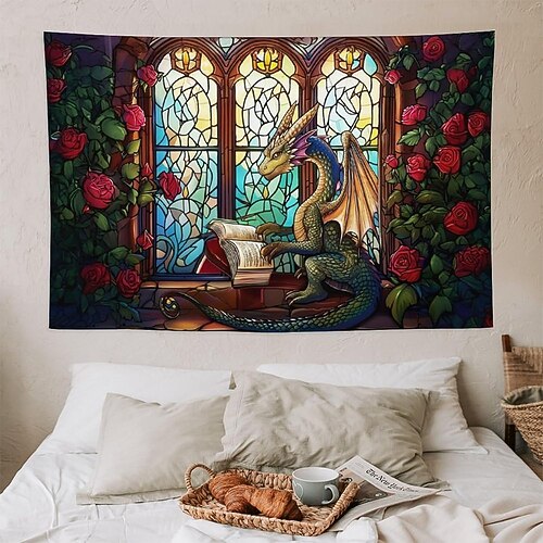 Wandteppich mit Drachenmotiv aus Buntglas, Fantasie- und Mythenwesen, gotische Heimdekoration, lebendiges Mosaikkunstwerk, Stoffposter für Wohnzimmer und Schlafzimmer Image