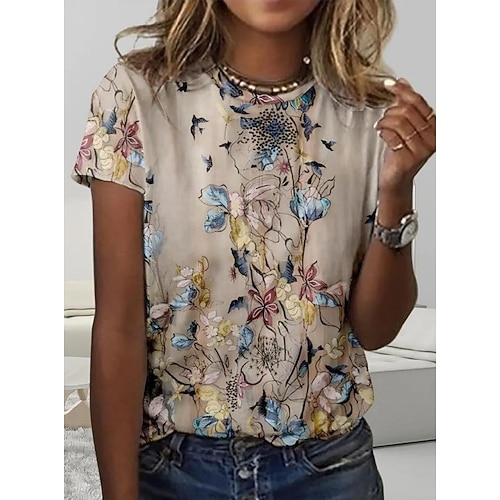 Damen T Shirt Druck Farbblock Stilvoll Klassisch Lässig Kurzarm Rundhalsausschnitt Rundhals Normale Oberteile Täglich Blau Gelb Khaki Sommer Frühling Herbst Winter Image