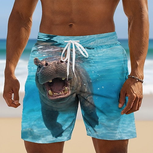 Herren Tiermotiv Nilpferd Verschluss Badehosen Badeshorts Boardshorts Mittlere Taille Lustig Hawaiianisch Strandurlaub Seitentaschen Netzfutter Elastischer Kordelzug in der Taille Designer Bekleidung Image