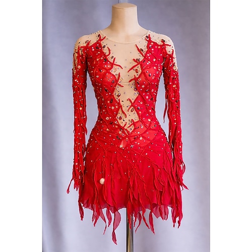 Eiskunstlaufkleid Damen Eislaufen Kleid Rot Patchwork Asymmetrischer Saum Dehnbar Training Wettbewerb Eiskunstlaufkleidung Klassisch Kristall / Strass Langarm Eislaufen Eiskundstlauf Image
