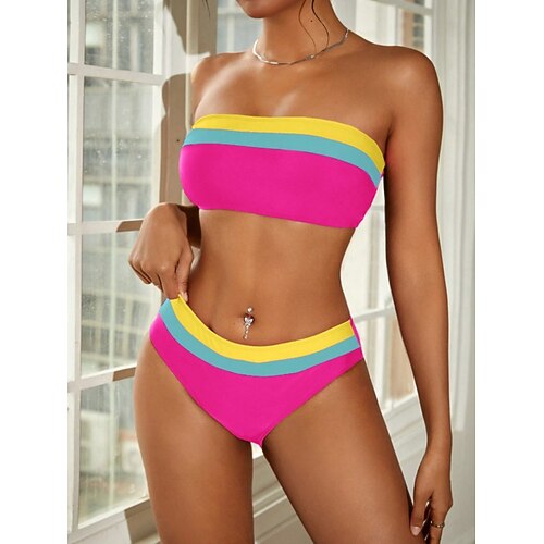 Damen Badeanzug Bikini Zweiteilig Freche Unterhose Bademode Schlank Rückenfrei Urlaub Strandbekleidung Gestreift Trägerlos Ärmellos Badeanzüge Image