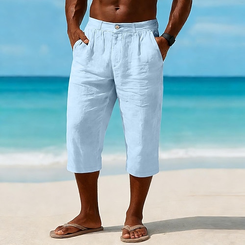 Herren Leinenhosen Caprihose Sommerhose Tasche Elastischer Bund Einfach Komfort Atmungsaktiv Wadenlang Täglich Outdoor Strand Urlaub Mode Blau Cachi scuro Mikroelastisch Image