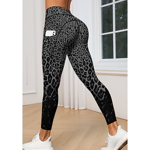 Damen Pilates-Leggings Fitnesshose Lässige Leggings Taschen Stempelsteuer Patchwork Pilates Fitnessstudio Fitnesstraining Hosen Strumpfhosen Leggings Leopard Mit Tiermuster Leopard-Druck Dunkelgrau Image