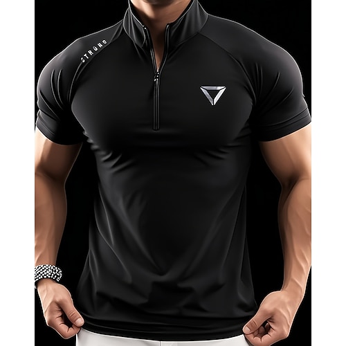 Herren Lauf-T-Shirt Kompressionsshirt Laufshirt Reißverschluss Kurzarm Oberteil Sommer Frühling Herbst Einfarbig Schnelltrocknend Kompression Feuchtigkeitsableitend Fitnesstraining Aktives Training Image