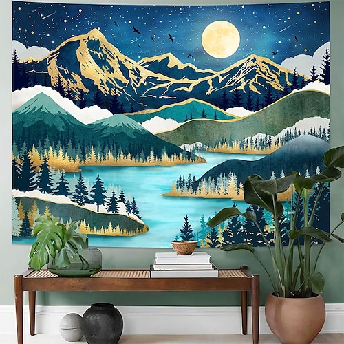 Wandteppich mit Sonnenmotiv, Naturlandschaft, farbenfrohem Mosaik, impressionistischer Pointillismus, Bäumen und See – ideal für Wohnzimmer, Schlafzimmer, Yoga-Raum und Meditationsraum. Image