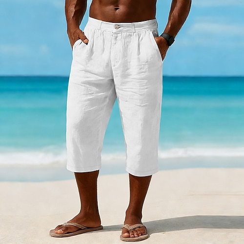 Herren Leinenhosen Caprihose Sommerhose Tasche Elastischer Bund Einfach Komfort Atmungsaktiv Wadenlang Täglich Outdoor Strand Urlaub Mode Blau Cachi scuro Mikroelastisch Image