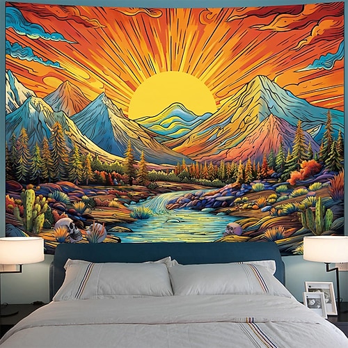 Wandteppich mit Sonnenmotiv, Naturlandschaft, farbenfrohem Mosaik, impressionistischer Pointillismus, Bäumen und See – ideal für Wohnzimmer, Schlafzimmer, Yoga-Raum und Meditationsraum. Image