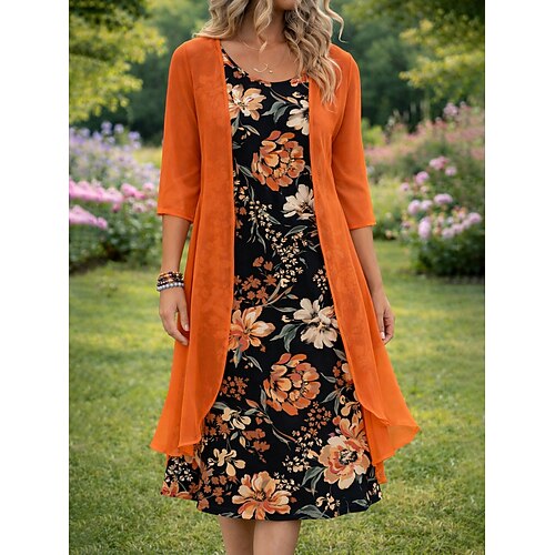 Damen Kleid-Set A Linie Kleid Elegant Urlaub Blumen Grafik Geschichtet Druck Midikleid Halbarm Rundhalsausschnitt Täglich Blau Schwarz Purpur Sommer Frühling Normale Passform Image