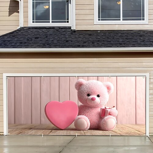 7×16 Fuß großes Garagentorbanner – romantischer rosa Teddybär mit herzförmigem Geschenk und Luftballons, Valentinstag, Garagentorabdeckung, Hochzeitsfeier, Hausfassadendekoration, saisonale Außendekoration Image