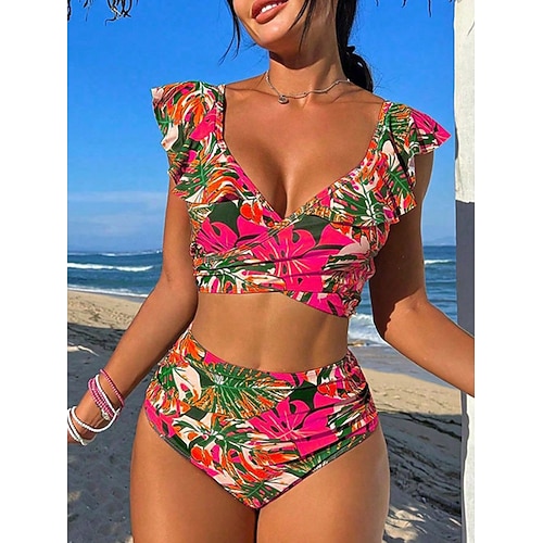 Damen Badeanzug Bikini Zweiteilig Hohe Taillenlinie Bademode Rüsche Schlank Rückenfrei Urlaub Strandbekleidung Blumen Tropisch V Ausschnitt Ärmellos Badeanzüge Image