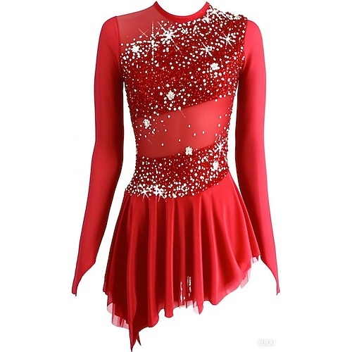 Eiskunstlaufkleid Damen Eislaufen Kleid Violett Schwarz Rosa Patchwork Daumenloch Dehnbar Training Wettbewerb Eiskunstlaufkleidung Klassisch Kristall / Strass Langarm Eislaufen Eiskundstlauf Image