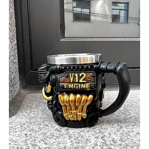 10oz V12-Motor-Kaffeebecher, realistischer Automotor-Kaffee Teetasse mit Harz Edelstahl-Innenbeschichtung, für Heißgetränke/Speisen, ideales Geschenk für Mechaniker, Autoenthusiasten und Image