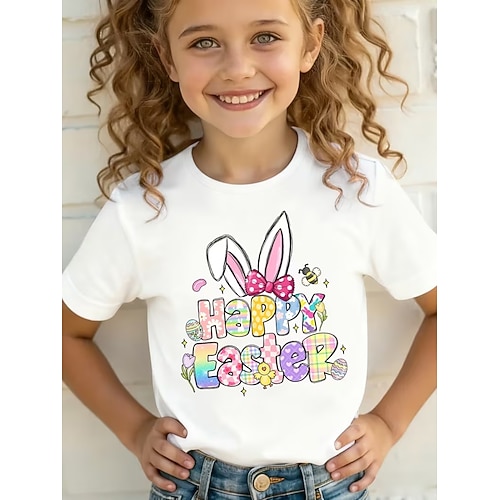 Ostern Mädchen 3D Grafik Kaninchen T-Shirt Kurzarm 3D-Druck Sommer Frühling Sport Mode Streetwear Kinder 4-12 Jahre Rundhalsausschnitt Lässig Täglich Outdoor Normale Passform Image