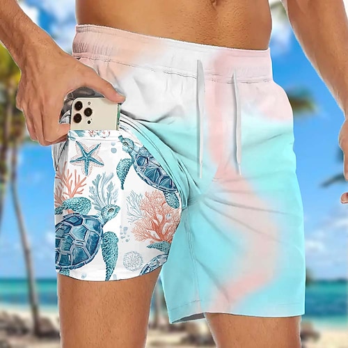 Herren Seestern Schildkröten Meeresbewohner Gefütterte Shorts 2 in 1 Badeshorts Badeshorts Mittlere Taille Hawaiianisch Ferien Seitentaschen Mit Kompressionsfutter Elastischer Kordelzug in der Taille Image