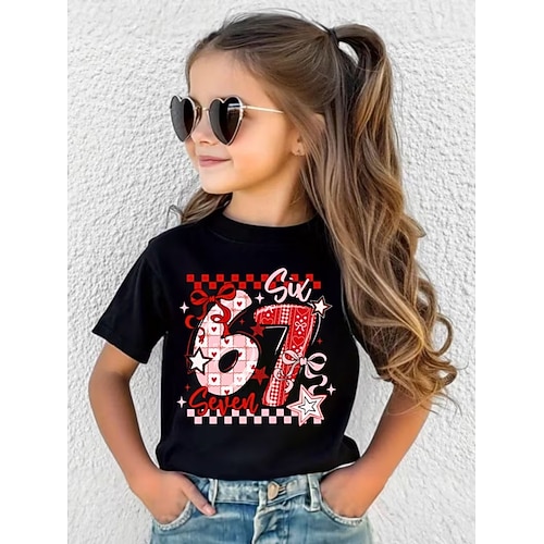 100% Baumwolle Valentinstag Kinder Mädchen Schwarz Grafik Lustiger Slang 67 T-Shirt Rundhalsausschnitt Kurzarm Urlaub Sport Outdoor Alltagskleidung Sport Mode Lässig Drucken Frühling Ganzjahres Image