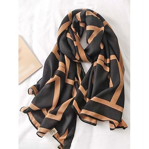 Eleganter Damenschal aus Polyester mit geometrischem Muster, schickes schwarz-braunes Tuch für Pendler und Freizeit, weicher, leichter Schal für Büro und Reisen, vielseitiges Accessoire für jede Jahreszeit. Image