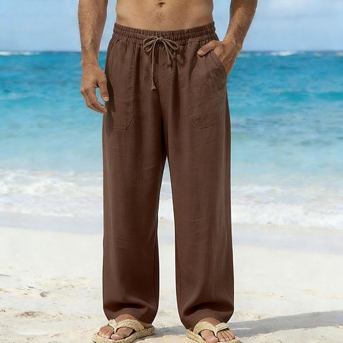 Herren Leinenhosen Hose Sommerhose Baggy-Hosen Kordelzug Elastischer Bund Gerader Schnitt Einfach Komfort Atmungsaktiv Volle Länge Täglich Strand Ferien Urlaub Mode Blau Schwarz Mikroelastisch Image