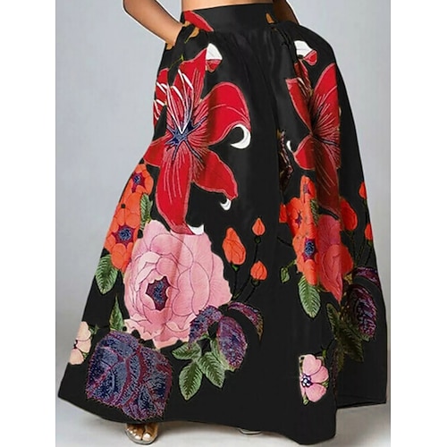 Damen Bohemien Mode Lässig Maxi Hohe Taille Röcke Blumen Blumenmuster Plissiert Blumen Druck Unelastisch Mikroelastisch Täglich Ferien Schwarz Weiß Gelb Rote Sommer Polyester Image